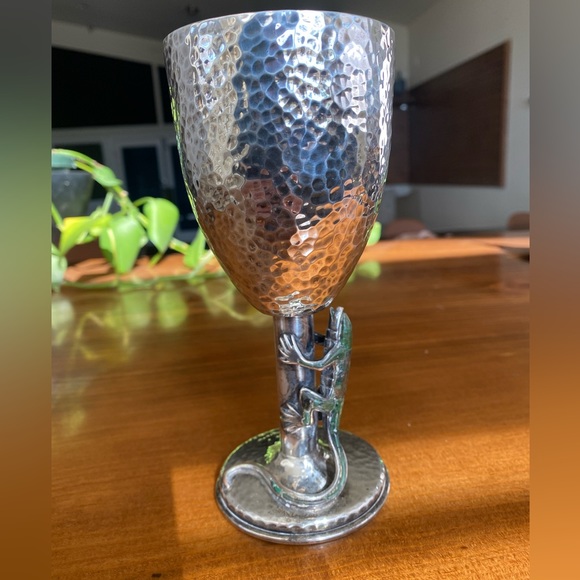 Vintage EMILIA CASTILLO Mexican Lizard Hammered Silver Plate Wine Goblet Cup - Picture 1 of 4
